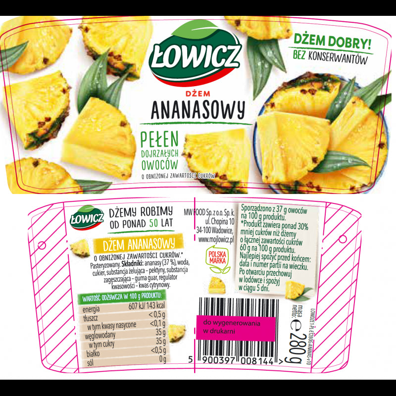 Łowicz Dżem ananasowy o obniżonej zawartości cukrów 280 g